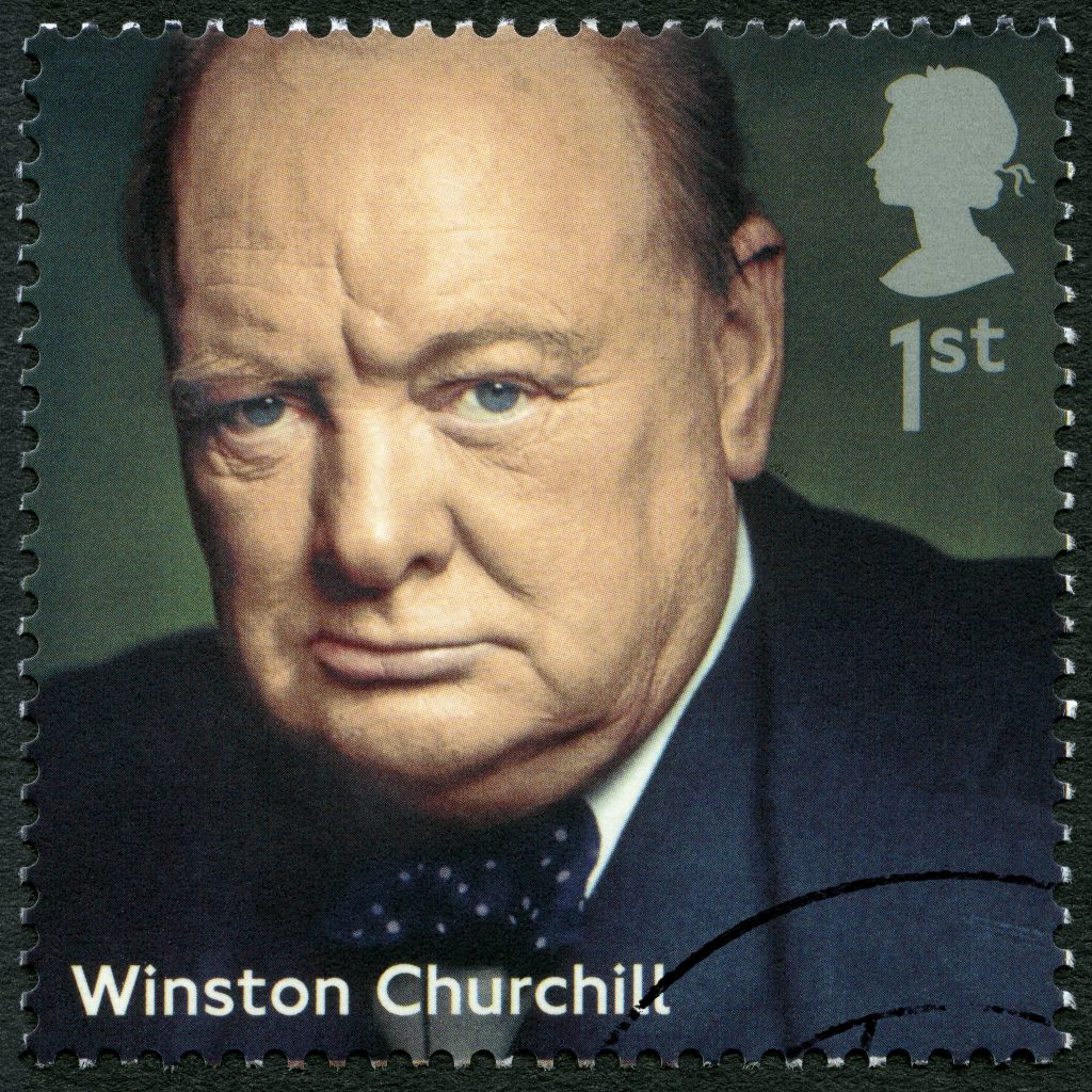 34686830 - united kingdom - circa 2014: a stamp printed in united kingdom shows winston churchill (1874-1965), politician, series prime ministers, circa 2014