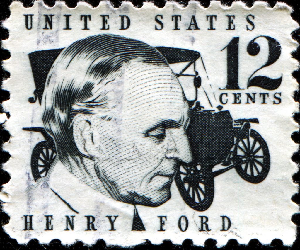 18798833 - usa - circa 1968  a stamp printed in united states of america shows henry ford  1863-1947  and car ford model t from 1909, circa 1968