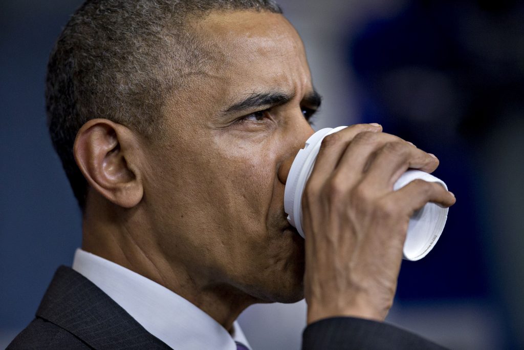 U.S. President Barack Obama takes a drink while making a surprise visit to journalism students participating in a college reporter day in the Brady Press Briefing Room of the White House in Washington, DC, USA, on Thursday, April 28, 2016. A media blitz by the White House and its allies has failed to crack Republican opposition to Obama’s Supreme Court nominee, and it is all but certain the seat will remain vacant until after U.S. elections in November. Photo by Andrew Harrer/Pool/ABACAPRESS.COM